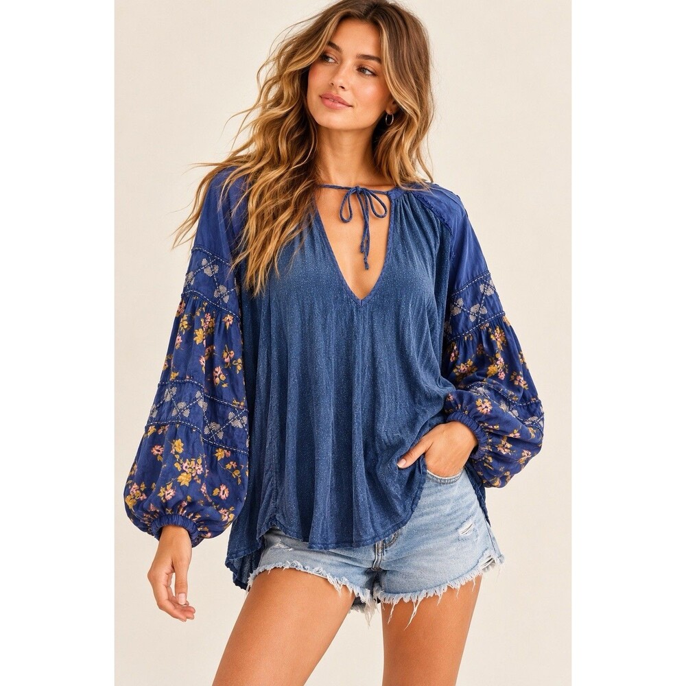 Free People Wishful Moments Blue Mixed Media Floral Sleeve Tie Neck Tunic XS